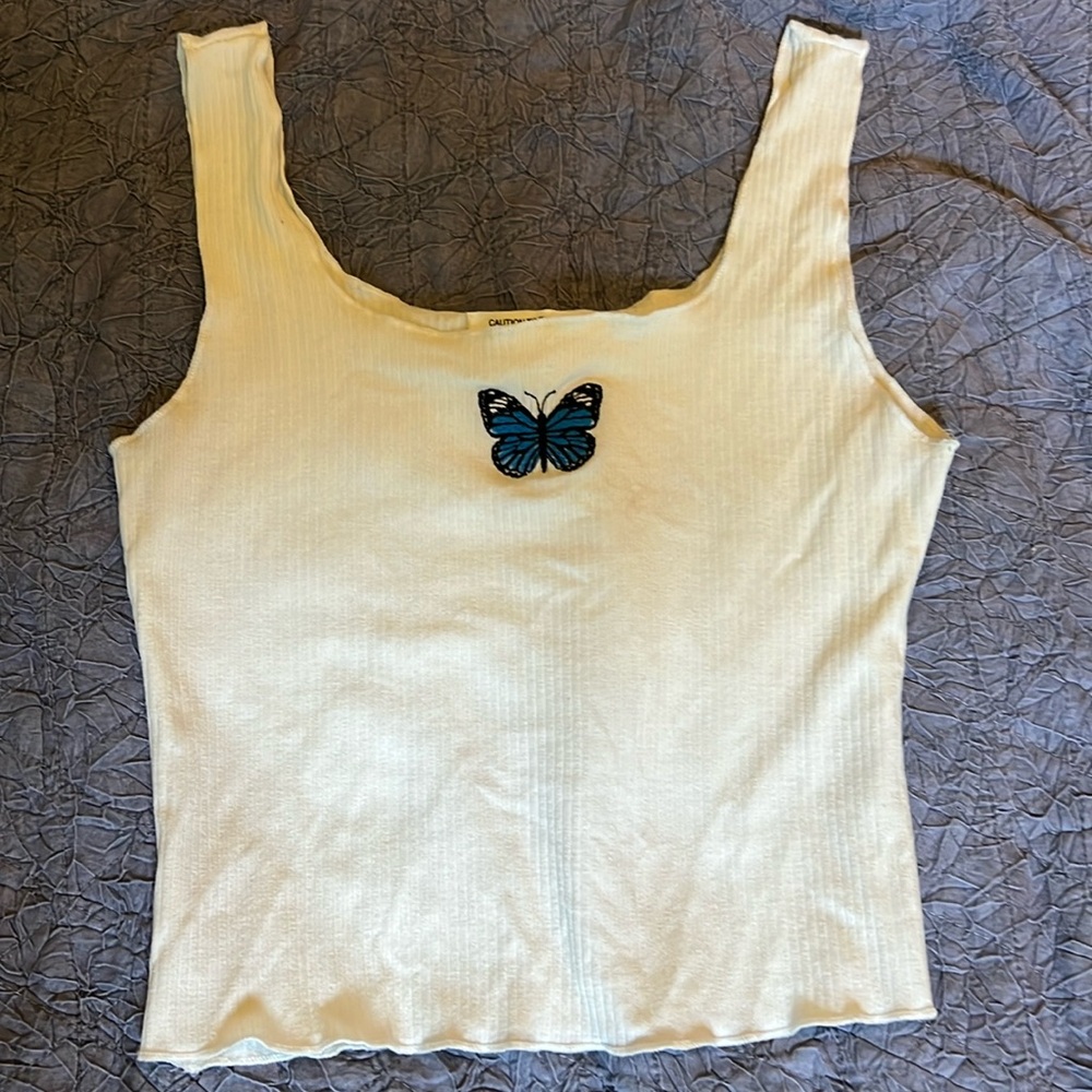 White ribbed tank top with embroidered butterfly
